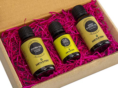 Image of Earth N Pure Jojoba Oil, Tea Tree Oil & Sweet Almond Oil Pack of 3 | Undiluted | 100% Natural & Therapeutic | For Aromatherapy | Mood Enhancers |Skin Care | Hair Care | Relaxation | 15 /30 ML Each