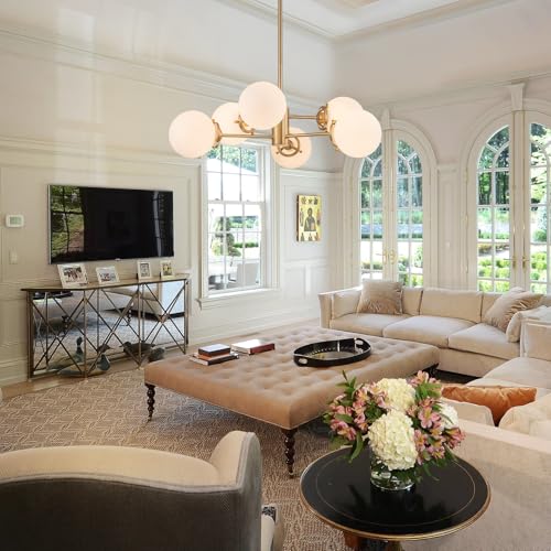 Image of 6-Lights Sputnik Chandeliers Gold Mid Century Modern Chandelier Fixture with Milk White Globe Glass, Dining Light Fixtures Ceiling Hanging for Living Room Bedroom Kitchen Island Foyer