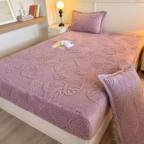 Lirzxin Sábana individual encimera, sábana bajera individual y 1 funda de almohada franela color liso mariposa estructurada invernal sábanas de cama transpirable suave, 90 x 200 cm, morado y rosa