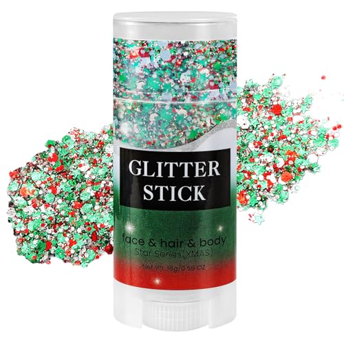 Mysense Christmas Glitter Stick for Face Hair Body Red Silver Green Chunky Sparkling Glitter Makeup Christmas Party Costume Accessories Stocking Stuffers Gifts for Women Girls 0.56oz
