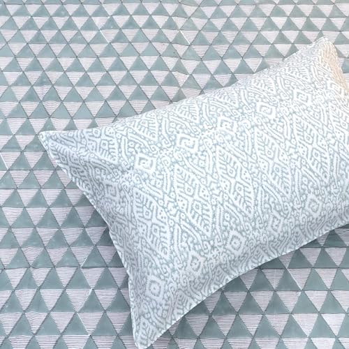Image of TOAI Hand Block Printed Bedsheet | Bed Spread Flatsheet Bed Sheet | Pure Cotton | Queen Size 90 inchx108 inch | 300 TC Long Staple Cotton | 2 Reversible Pillow Covers |Green Line Pattern
