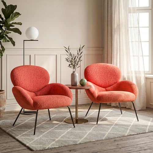 Image of Accent Chairs Set of 2 for Living Room, Boucle Fabric, Burnt Orange | Modern Accent Chair with Cloud Backrest, Soft Textured Boucle Fabric, Small Reading Chair for Sunroom, Reception Area