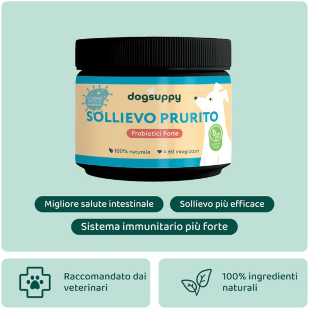 DogSuppy Sollievo Prurito Probiotici Forte per Cani – Ferma Prurito, Grattamento, Leccamento delle Zampe e Mangiare l’Erba, Allevia Allergie e Lieviti, 100% Naturale, Sostiene Intestino e Immunità