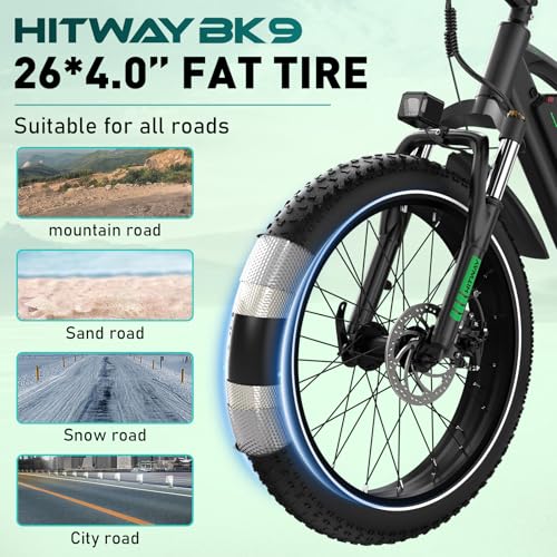 HITWAY Vélo électrique 26" 4,0 Fat Tire, VTT Électrique E-Bike avec Batterie au Lithium Amovible 48V 15Ah, 250W, 7 Vitesses,jusqu'à 70-150km, APP, NFC – Image 4