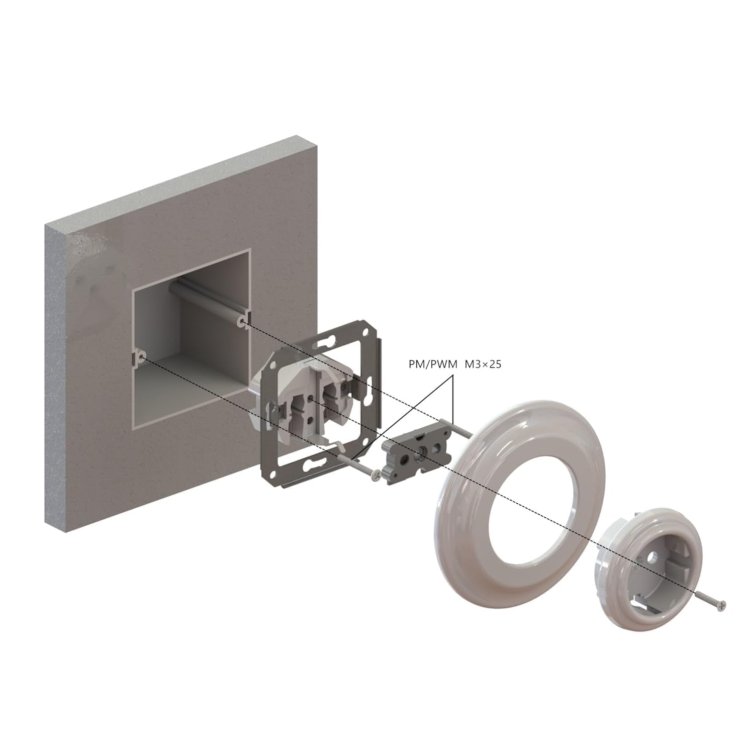 Podtynkowe gniazdko porcelanowe retro, All-in-One, seria PR1, jasnoszare