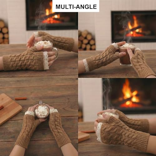 Image of Kraptick Women's Cable Knit Fingerless Gloves - Winter Arm Warmers with Elegant Lace Trim & Thumb Hole - Soft Woolen Thermal Half Finger Mittens for Typing, Driving & Office Work (Free Size, khaki)-1