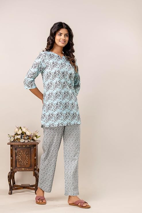 Image of Night Suit for Women Pure Cotton Printed Night Suit Top and Pyjama Set for Women's Night Dress of Shirt & Pyjama Set for Womens Night Dress for Woman