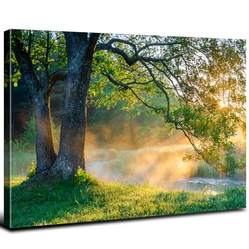 Sunset Forest Wall Art Nature Lake Wall Decor Vintage Oak Tree Landscape Picture for Living Room Sunrise Mountain Painting Canvas Prints Sunlight Woodland Artwork Bedroom Bathroom Decoration 12x16”