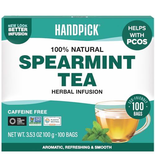 HANDPICK, Spearmint Tea Bags (100 Herbal Tea Bags) |Refreshing Mint Tea | Non-GMO | Round Eco-Conscious Teabags