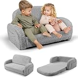 2-in-1 Sherpa Fold Out Kids Couch, Extra Wide Comfy Toddler Chair, Convertible Kids Sofa to Lounger, Foldable Toddler Couch with High Density Foam, Modern Kids Sofa Bed for Boys & Girls 3+, Gray