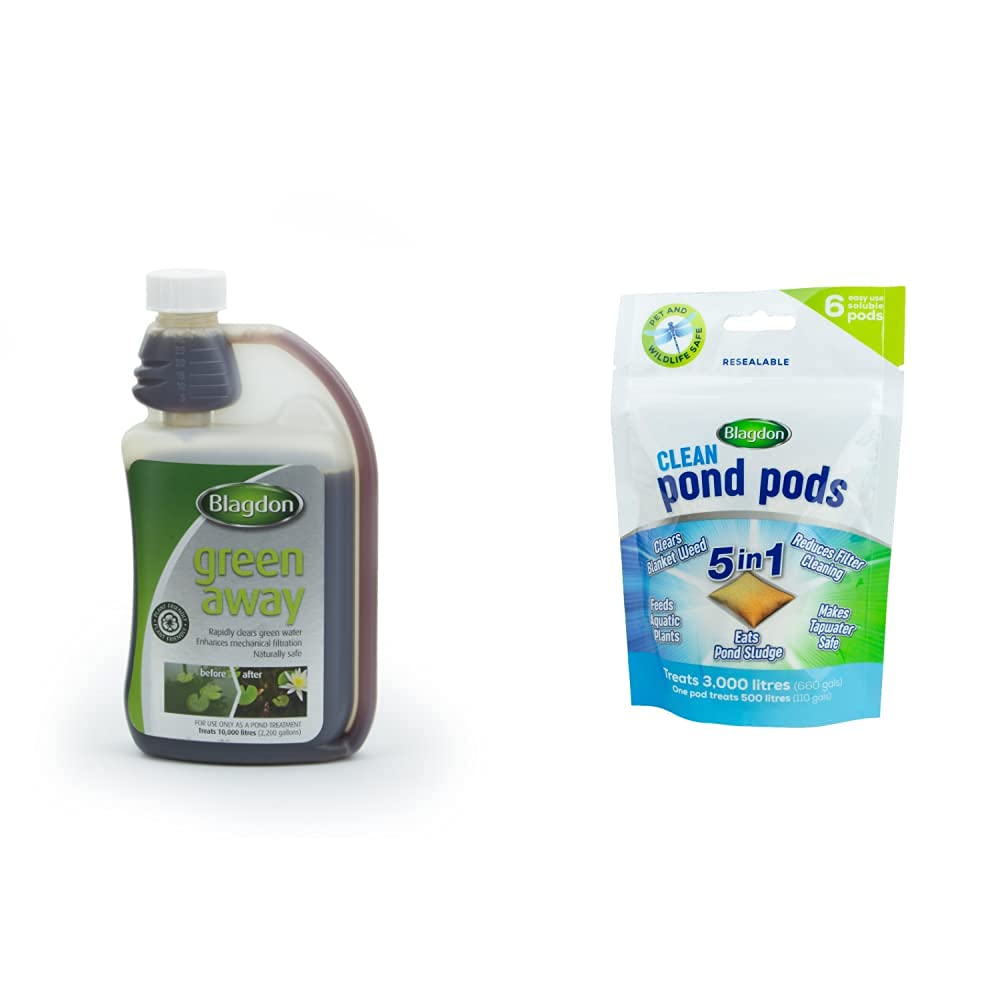 Blagdon Green Away for Ponds, Clears Green Water and Algae, 500ml & Clean Pond Pods, clears blanket weed, reduces filter cleaning, feeds aquatic plants, eats pond sludge, makes tapwater safe