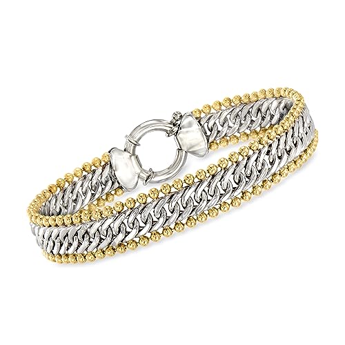 Ross-Simons Sterling Silver and 18kt Gold Over Sterling Cuban-Link and Bead Bracelet