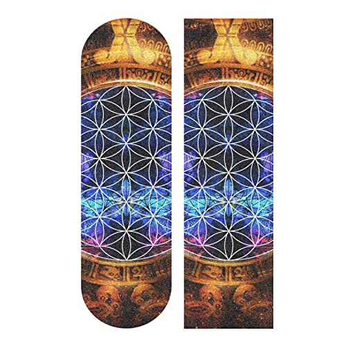 Poeticcity Ancient Mayan Calendar Purple Gold Pattern Flower of Life Waterproof Skateboard Grip Tape, Anti Slip Longboard Scooter Griptapes, Durable Sand Paper Sheet Sticker Sandpaper 10
