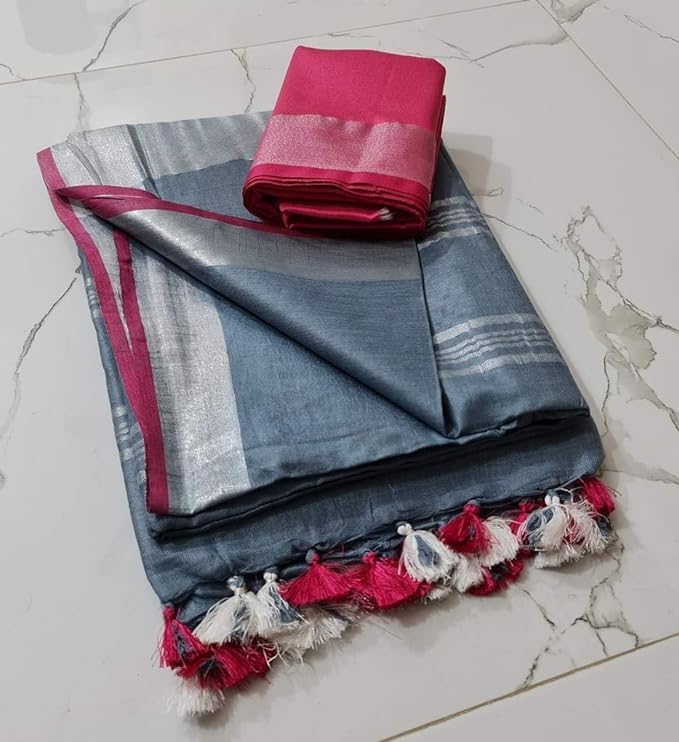 Image of STB-SILK TEXTILES BHAGALPUR Women's Linen Slub Saree With Contrast Blouse Piece