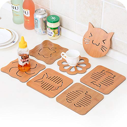 Naidev Cartoon Pattern Solid Wood Coaster Set Antiscalding Heat Insulation Pad Wooden Table Mat Non-Slip Kitchen Coasters- 6Pcs Hot Pan Pads (Random Pattern) 2