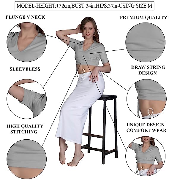 Image of THE BLAZZE B4048 Women's Cotton Plunge V Neck Half Sleeves Adjustable Drawstring Crop Top Readymade Saree Blouse for Women