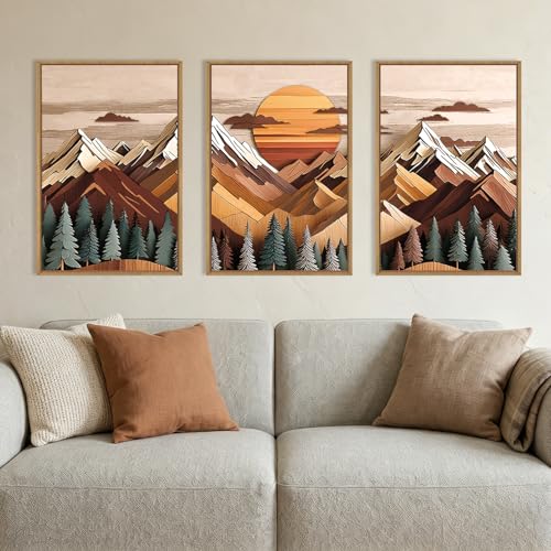 Image of KAIRNE Woodcut Style Mountain Framed Canvas Wall Art Set,Wooden Pine Tree Wall Decor,Vintage Forest Landscape Art Prints,Nature Sunrise Artwork for Living Room,Bedroom,Farmhouse,Office-24 x36 x3