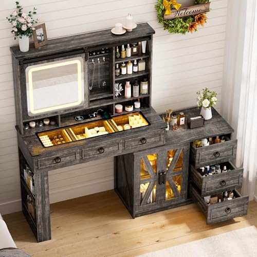 Lvifur Farmhouse Vanity Desk with Sliding Mirror & Lights, Glass Top Dressing Table with Jewelry Storage, 60