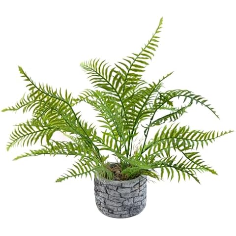 Giftale Artificial Boston Fern Potted Plant 17'' Faux Lifelike Plants Greenery Fronds with Gray Stone Block Pattern Pot for Home Living Room Patio Office Garden Indoor Outdoor Decor Cover