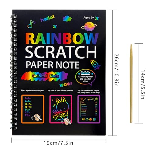 Image of SEREBRUM A4 Size Scratch Art Books for Kids,Rainbow Magic Scratch Paper Black Scratch it Off Art Crafts Notes Boards Sheet with Wooden Stylus - Pack of 1