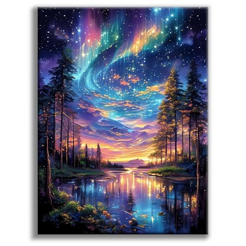 Diamond Painting Kit 5D , Pittura Diamante Paesaggio Aurora e Cielo Stellato, DIY Quadri con Brillantini da Attaccare per Adulti e Bambini,con Strass per Decorazione Casa e Regalo Creativo 30x40cm