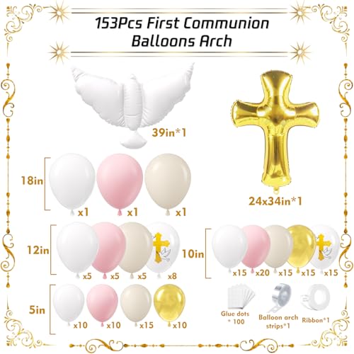 Image of First Communion Balloon Garland Kit 153Pcs, Girl Baptism Balloon, First Holy Communion Decorations, Different Size Pink Gold White Balloon for First Holy Communion Baptism Theme Party Decor