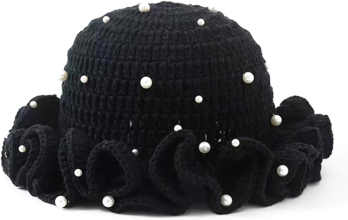 Crochet Bucket Hat for Womens Knitted Hat Pearl Trendy Fisherman Hat Foldable Handmade Bucket Cap for Travel Daily Wear