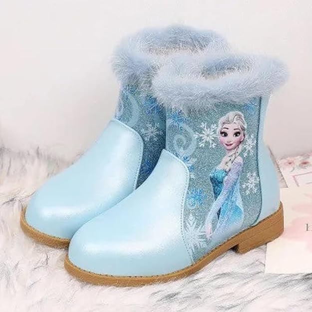 Girls Winter Ankle Boots with Frosty Princess Design, Light Blue2