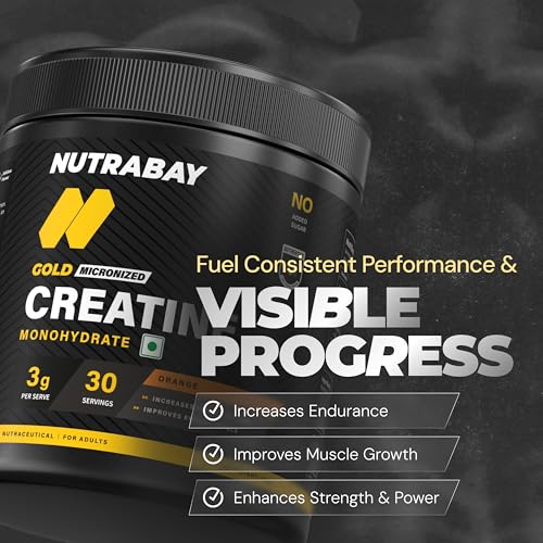 Image of Nutrabay Gold Micronised Creatine Monohydrate Powder 3000 mg Creatine per Serving, NABL Lab Tested - Increases Muscle Mass, Strength & Power - Pre /Post Workout Supplement - 120g, Orange