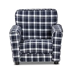 BOWERY HILL Modern Blue and White Plaid Fabric Upholstered Kids Armchair