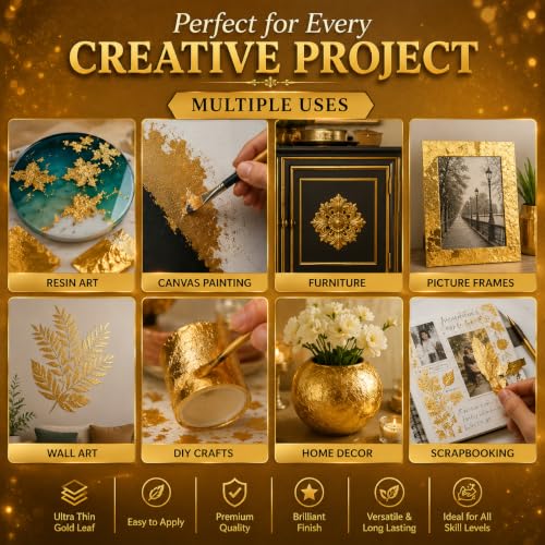 Image of A.K GOLD LEAF 100 Sheets 8x8cm Gold Leaf Sheets Foil Paper for Gilding Crafting DIY Arts Project Crafting Decoration Makeup Spa Art Craft Work (Gold)