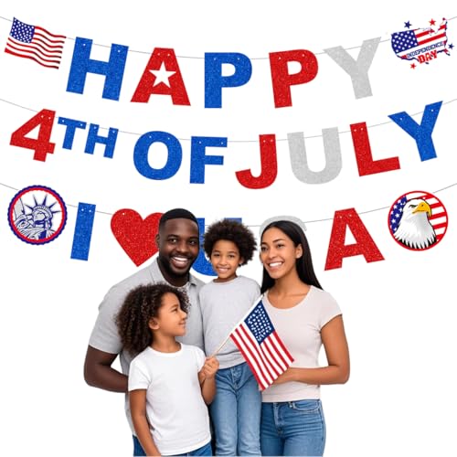 Image of Veterans Day Decorations Banner Glitter Letter, Patriotic Backdrop for Family 4th of July decoration, NO DIY Pre-Assembly, Fourth of July Paper Banner Independence Day Party Supplies