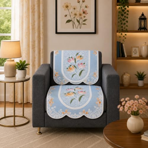 Image of STITCHNEST Florenza Blue 10 Piece Cotton Net Sofa Slip Cover |5 Seater