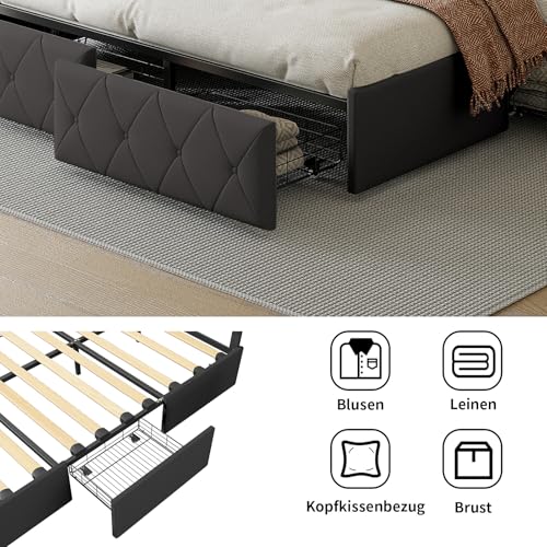 DULRLLY Bett mit Stauraum, 140x200 Polsterbett mit 4 Schubladen und LED-Kopfteil, Doppelbett Bettgestell mit Lattenrost, Jugendbett Funktionsbett Stauraumbetten Rückenlehne Bett, Dunkelgrau(PU) – Bild 7
