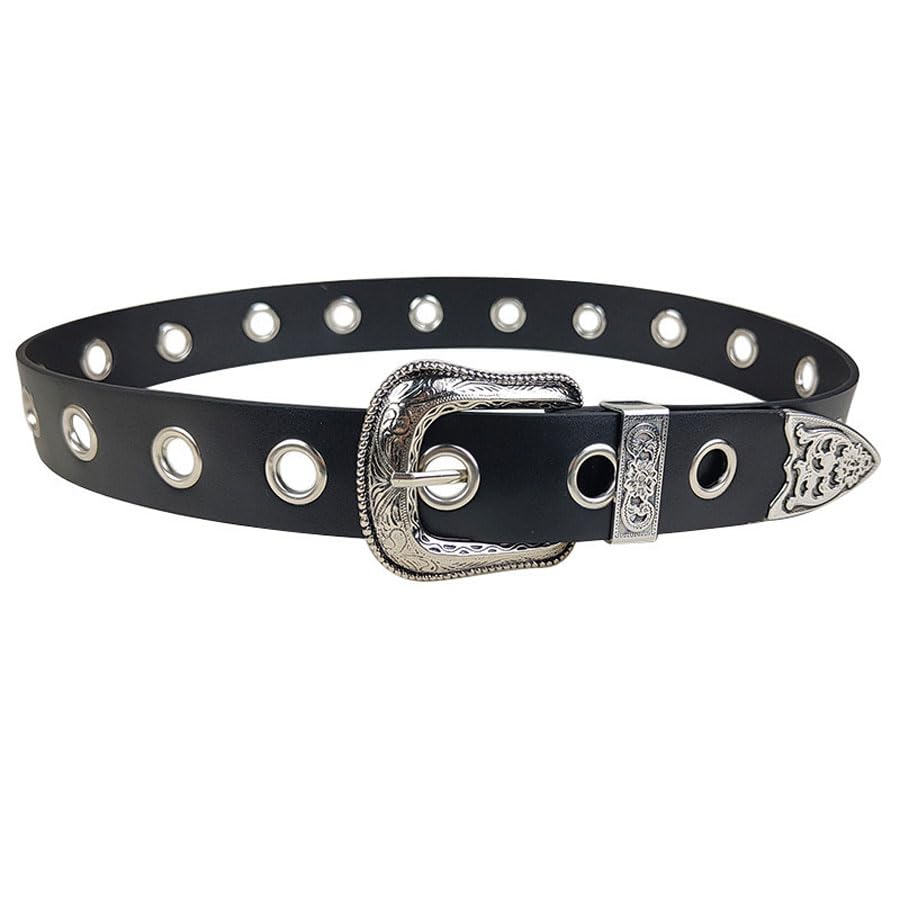 Western Style Leather Belt with Silver Buckle, Black, Metal Grommets, Decorative Tip