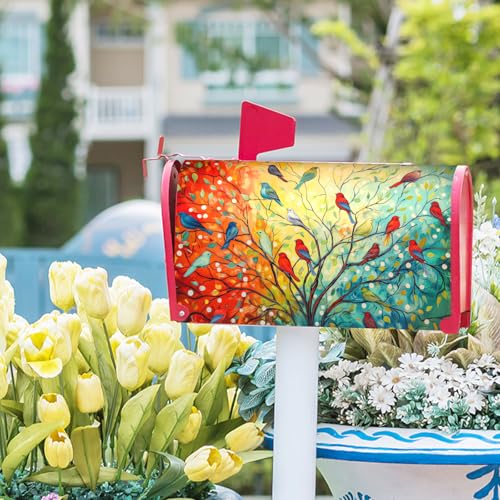 Image of Spring Summer Flower Mailbox Covers Magnetic Standard Size 18x21 Inch Colorful Rainbow Tree of Life Branch Mailbox Covers Spring Abstract Birds Mailbox Wrap Post Letter Box Cover for Home Gadern Decor