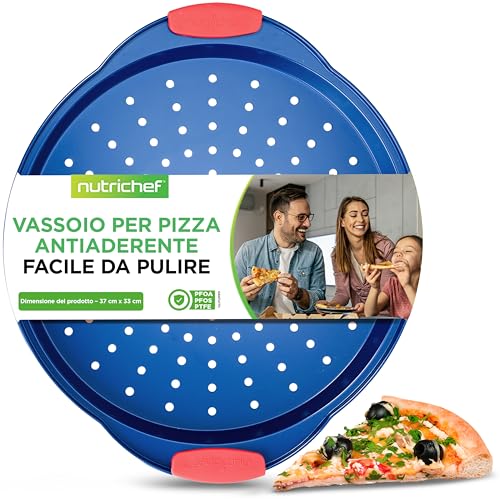 NutriChef Teglia per Pizza Antiaderente da 33 cm, Teglia Forno Rotonda in Acciaio al Carbonio con Fori Perforati con Manici in Silicone Antiscivolo, Lavabile in Lavastoviglie, Blu