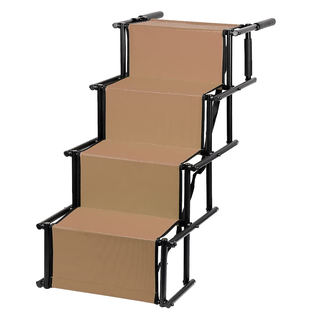 Rampe pour Chiens Charge Jusqu'à 60 kg, Escalier pour Chien Pliable, 5 Marches Escalier Chien Voiture, Réglable Hauteur 56-76 cm(22"-30"), Rampe Chiens pour Voiture, Canapé ou Lit (Marron)