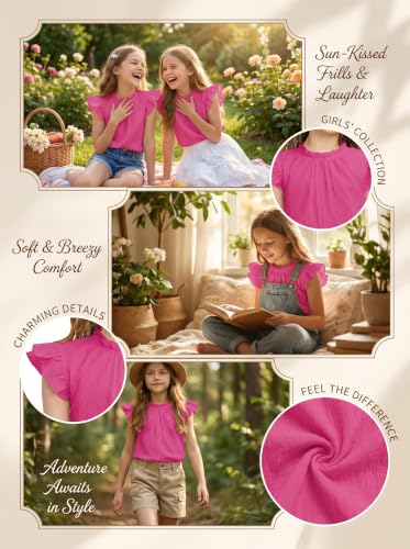 Image of Arshiner Girls Ruffle Short Sleeve Shirts Cute Summer Frill Neck Pleated Textured Blouse Tops