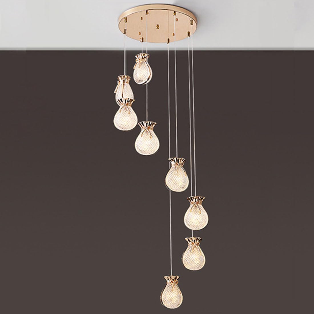 HXYSXHJUO G9 modern lucky bag chandelier, simple dining room creative bedroom hall lamp, living duplex staircase villa lamp,Gold,8 head round disc
