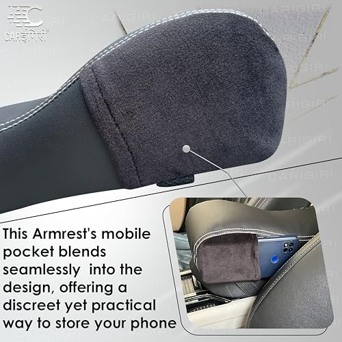 Image of Carigiri Comfirest Armrest Cushion for Car|Orthopedic Foam Arm Cushion|Universal for All Cars|Armrest Support,Height Extender(Double Stitching,Nappa Leather,Dual Mobile Pockets,Black with White Seam)
