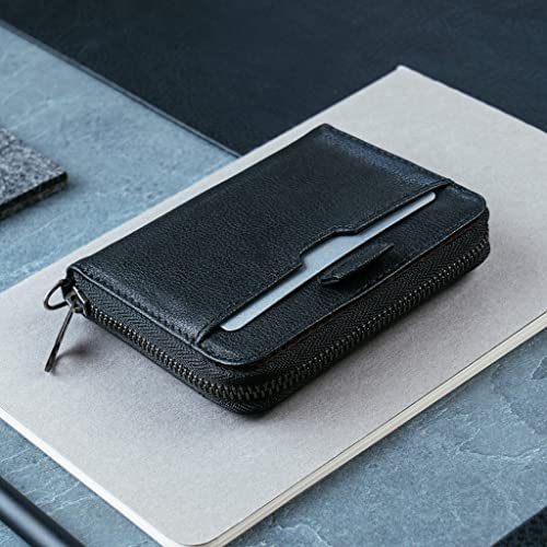 Image of Vaultskin MAYFAIR Minimalist Leather Zipper Wallet. Small RFID-Blocking Multi-Card Holder with Coin Compartment, Black, Small Zipper Wallet With Rfid Blocking