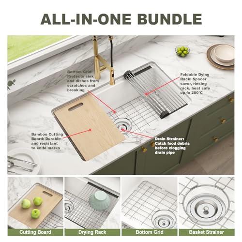Image of Undermount Kitchen Sink Workstation 33x19 Inch - Drop in White Farm Sink, Single Bowl Deep Fireclay Sink with 4 Accessories, for Kitchen, Island