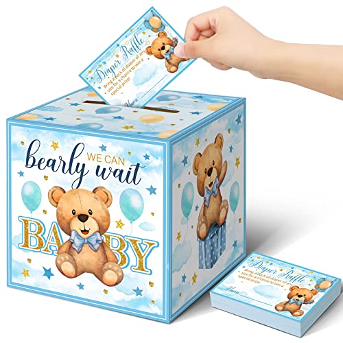 Spakon 51 Pieces Bear Diaper Raffle Tickets with Box Blue for Baby Shower Supplies Game Decoration Gender Reveal Party Bear Themed Insert Card Ticket Invitation Advice and Wishes(Null)