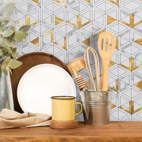 DICOFUN 20-Sheet White Marble Look Triangle Mosaic Tiles Peel and Stick Backsplash for Kitchen, PVC Mixed Metal Gold Chevron Stick on Backsplash Wall Tiles DICOFUN 20-Sheet White Marble Look Triangle Mosaic Tiles Peel and Stick Backsplash for Kitchen, PVC Mixed Metal Gold Chevron Stick on Backsplash Wall Tiles