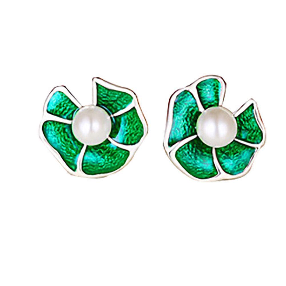 Pendientes de plata antialérgicos hechos a mano con perlas y esmalte verde retro cómodos 7