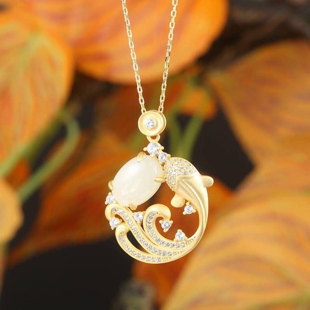 Collana con ciondolo in giada bianca naturale con nefrite, carpa, piccoli pesci, catena con clavicola per donna, giada,