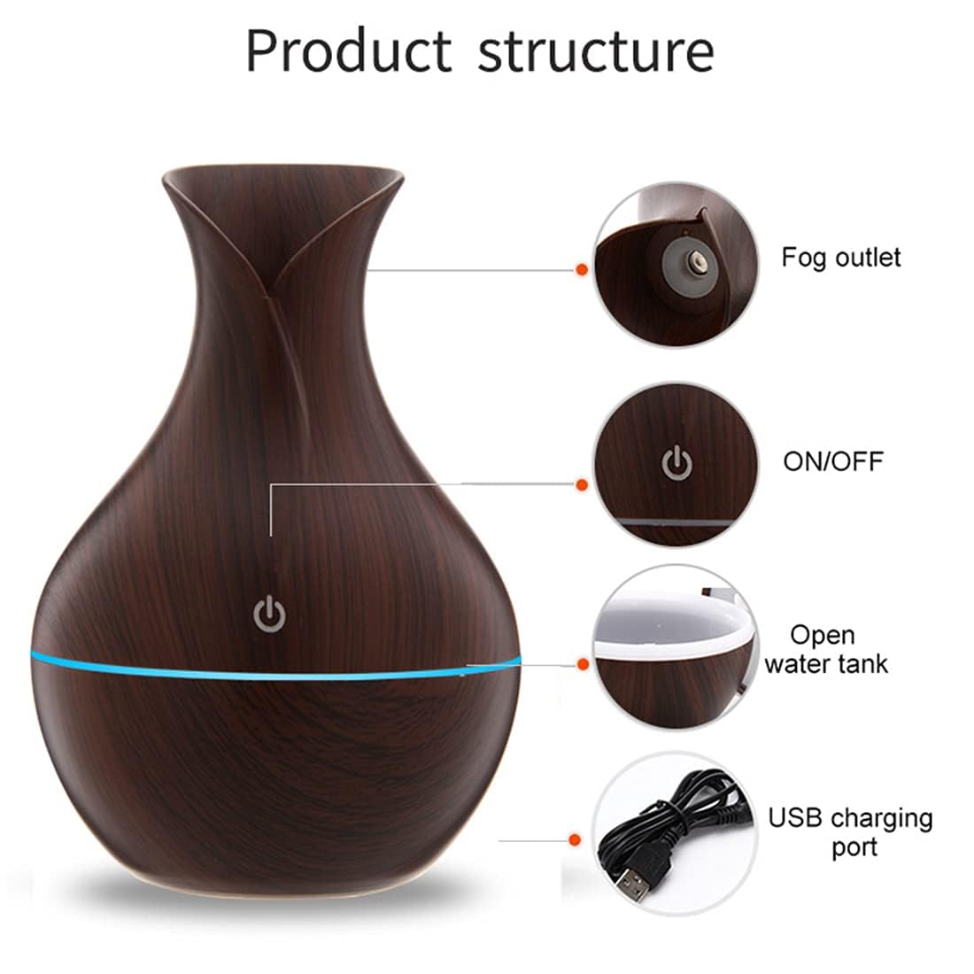 mobigon Wood Cool Mist Ultrasonic Humidifier for Room Moisture, Aroma Diffuser for Home, 200ml Essential Oil Diffuser with 7 Colorful Night Light, Auto Shut-Off, Home, Office, car (E.Dark Brown)