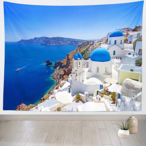 Loccor Greece Santorini Island Tapestry Greek Oia Village Blue Coastline Tapestry 105Wx70H Inches Europe Landmark Wall Hanging Aegean Seascape Large Wall Art for Living Room Bedroom Dorm Home Decor
