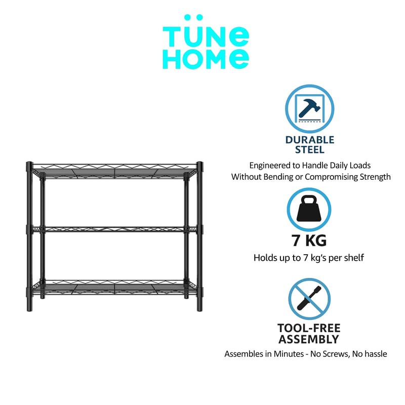 Image of 3-Shelves Counter Top Heavy Duty Steel Storage Rack | Multipurpose Shelving Unit for Kitchen, Home & Utility